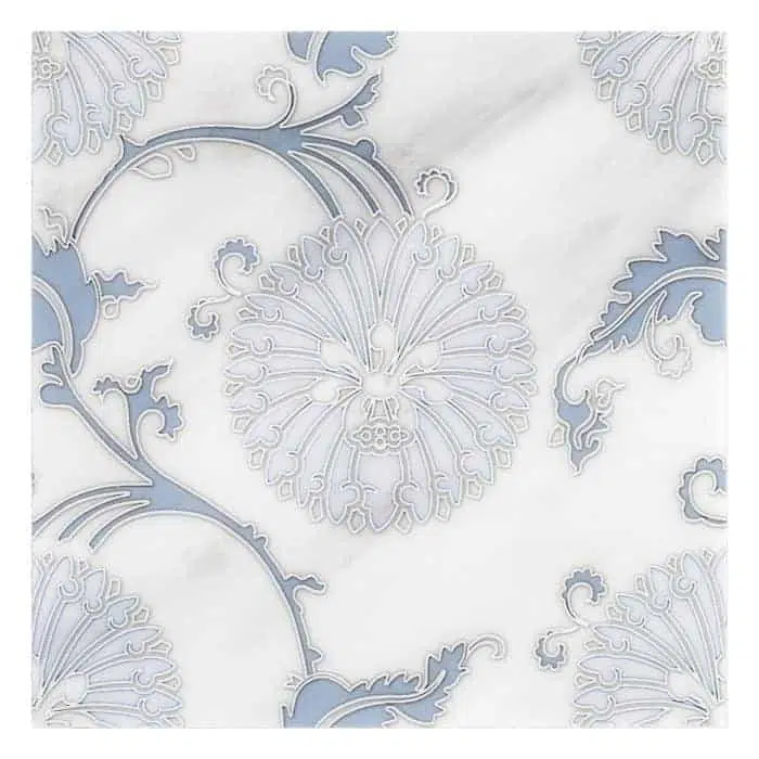 eliana dusty blue dangelion flowers perle blanc natural limestone square shape deco tile size 12 by 12 inch for interior kitchen and bathroom vanity backsplash wall and floor wet areas distributed by surface group and produced by artistic tile in united states
