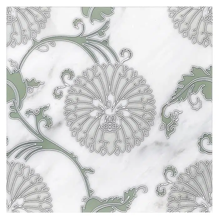 eliana green dafodil flowers carrara natural marble square shape deco tile size 6 by 6 inch for interior kitchen and bathroom vanity backsplash wall and floor wet areas distributed by surface group and produced by artistic tile in united states