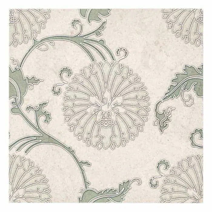 eliana green traditional perle blanc natural limestone square shape deco tile size 6 by 6 inch for interior kitchen and bathroom vanity backsplash wall and floor wet areas distributed by surface group and produced by artistic tile in united states