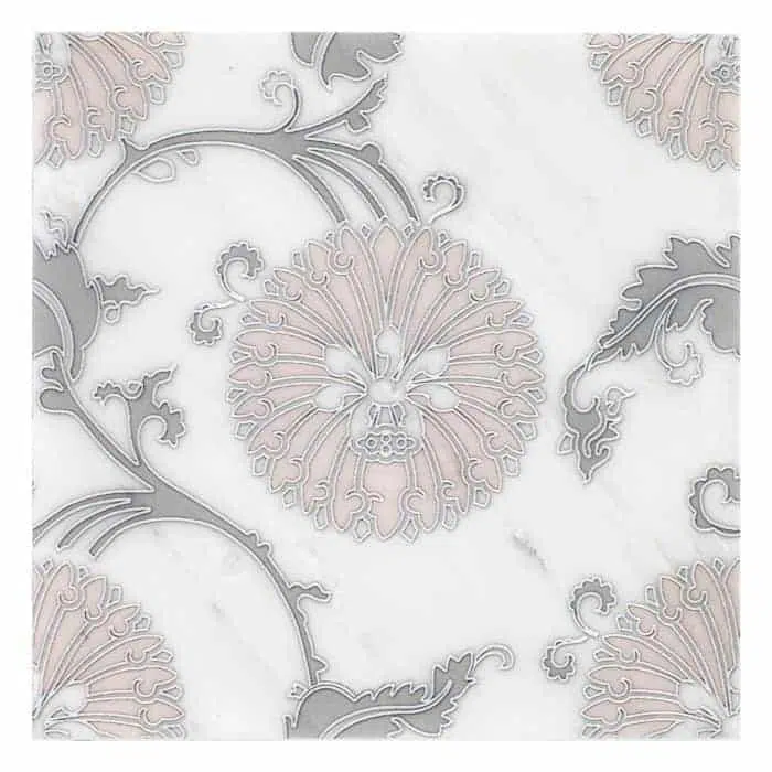eliana pink grey dafodil flowers perle blanc natural limestone square shape deco tile size 6 by 6 inch for interior kitchen and bathroom vanity backsplash wall and floor wet areas distributed by surface group and produced by artistic tile in united states