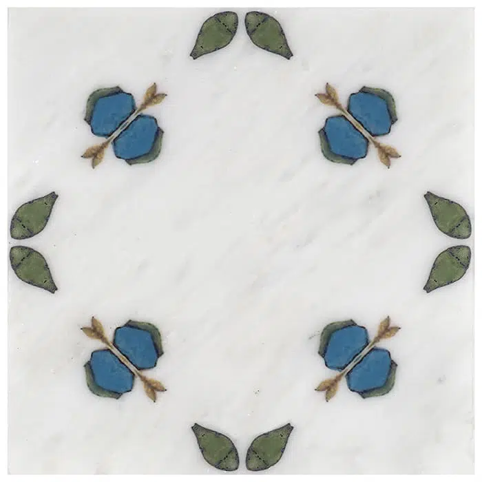 jax blueberry florals perle blanc natural limestone square shape deco tile size 12 by 12 inch for interior kitchen and bathroom vanity backsplash wall and floor wet areas distributed by surface group and produced by artistic tile in united states
