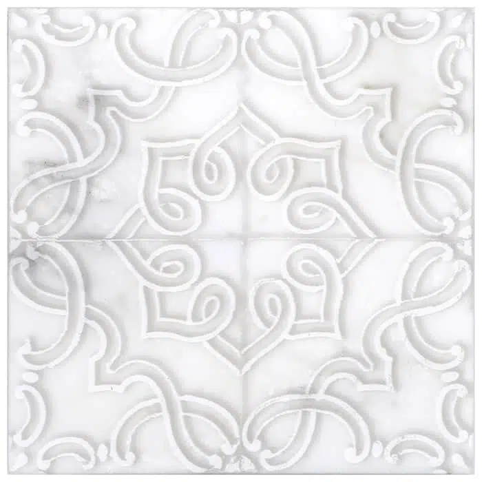 lennox lace monochromatic carrara natural marble square shape deco tile size 12 by 12 inch for interior kitchen and bathroom vanity backsplash wall and floor wet areas distributed by surface group and produced by artistic tile in united states