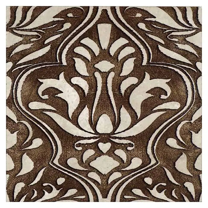 lillian chocolate ellegant silhouette carrara natural marble square shape deco tile size 6 by 6 inch for interior kitchen and bathroom vanity backsplash wall and floor wet areas distributed by surface group and produced by artistic tile in united states