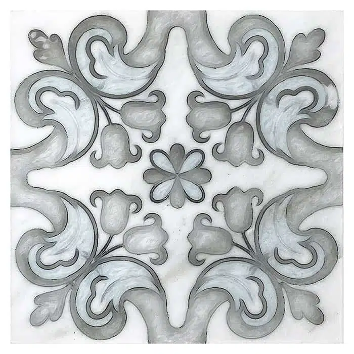 marbella frost florals carrara natural marble square shape deco tile size 12 by 12 inch for interior kitchen and bathroom vanity backsplash wall and floor wet areas distributed by surface group and produced by artistic tile in united states