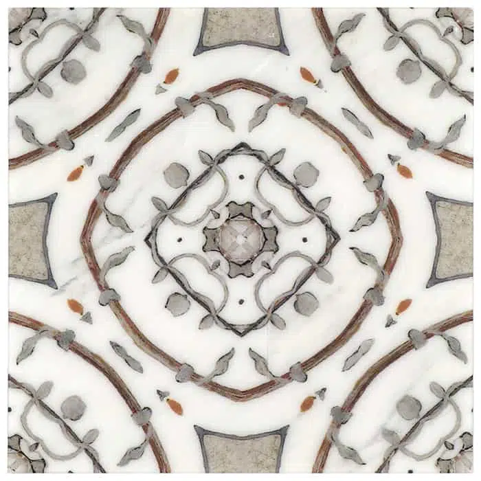 nira pecan bohemian style carrara natural marble square shape deco tile size 6 by 6 inch for interior kitchen and bathroom vanity backsplash wall and floor wet areas distributed by surface group and produced by artistic tile in united states