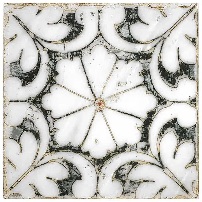 oasis black hand sketched perle blanc natural limestone square shape deco tile size 6 by 6 inch for interior kitchen and bathroom vanity backsplash wall and floor wet areas distributed by surface group and produced by artistic tile in united states