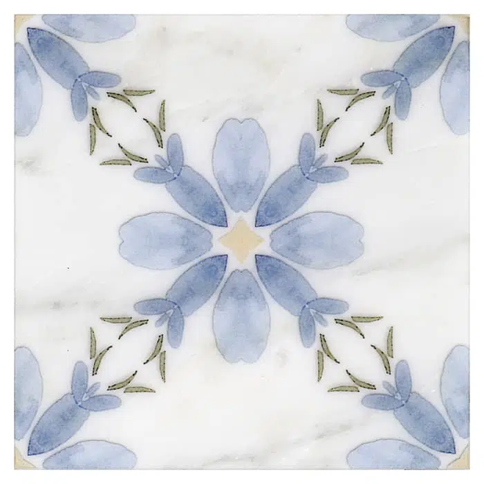 primrose french blue bright perle blanc natural limestone square shape deco tile size 6 by 6 inch for interior kitchen and bathroom vanity backsplash wall and floor wet areas distributed by surface group and produced by artistic tile in united states