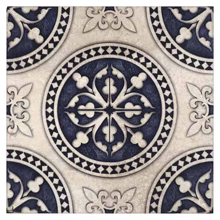 regent batik blue symmetric honed durango natural limestone square shape deco tile size 6 by 6 inch for interior kitchen and bathroom vanity backsplash wall and floor wet areas distributed by surface group and produced by artistic tile in united states