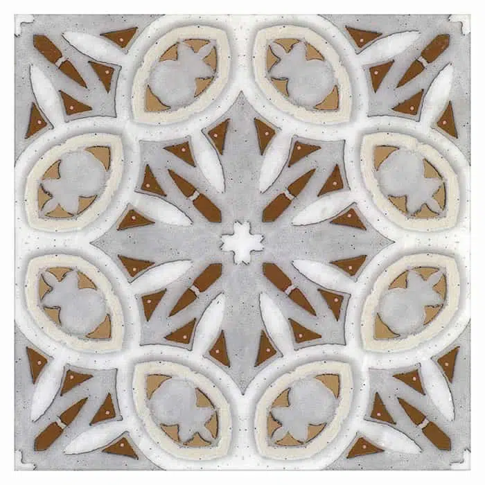 solstice flame medallion carrara natural marble square shape deco tile size 12 by 12 inch for interior kitchen and bathroom vanity backsplash wall and floor wet areas distributed by surface group and produced by artistic tile in united states