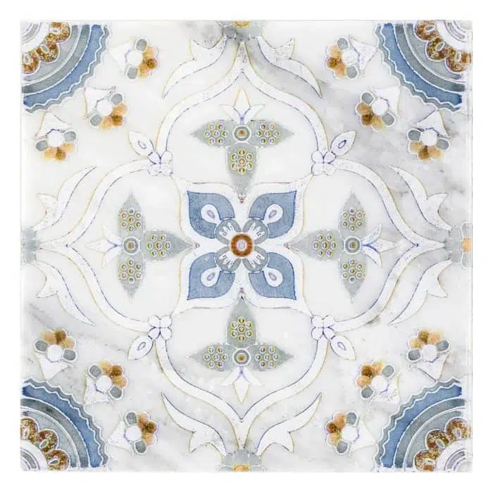 sweeden cool blue delicate lines carrara natural marble square shape deco tile size 12 by 12 inch for interior kitchen and bathroom vanity backsplash wall and floor wet areas distributed by surface group and produced by artistic tile in united states