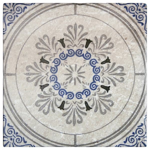 vecina deep blue floral perle blanc natural limestone square shape deco tile size 12 by 12 inch for interior kitchen and bathroom vanity backsplash wall and floor wet areas distributed by surface group and produced by artistic tile in united states