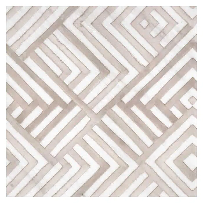 waterways sand neutral taupe geometric carrara natural marble square shape deco tile size 12 by 12 inch for interior kitchen and bathroom vanity backsplash wall and floor wet areas distributed by surface group and produced by artistic tile in united states