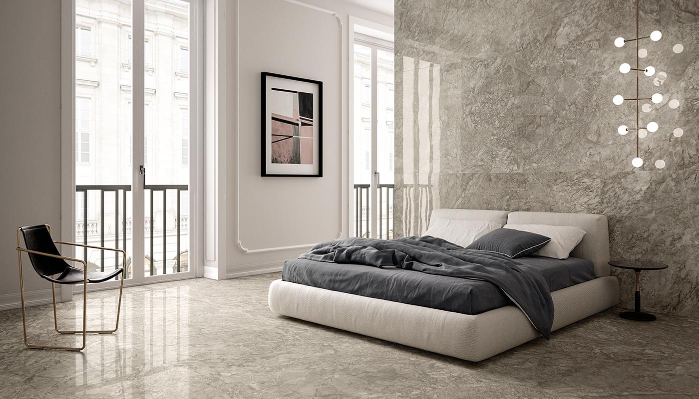 Elegant bedroom with Emil Ceramica Tele Di Marmo porcelain tile flooring and accent wall, featuring modern furniture and natural light.