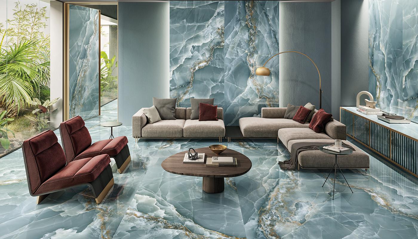 italian porcelain onyx looking tile interior from Tele Di Marmo Onyx collection produced by Emil and distributed by Surface Group international