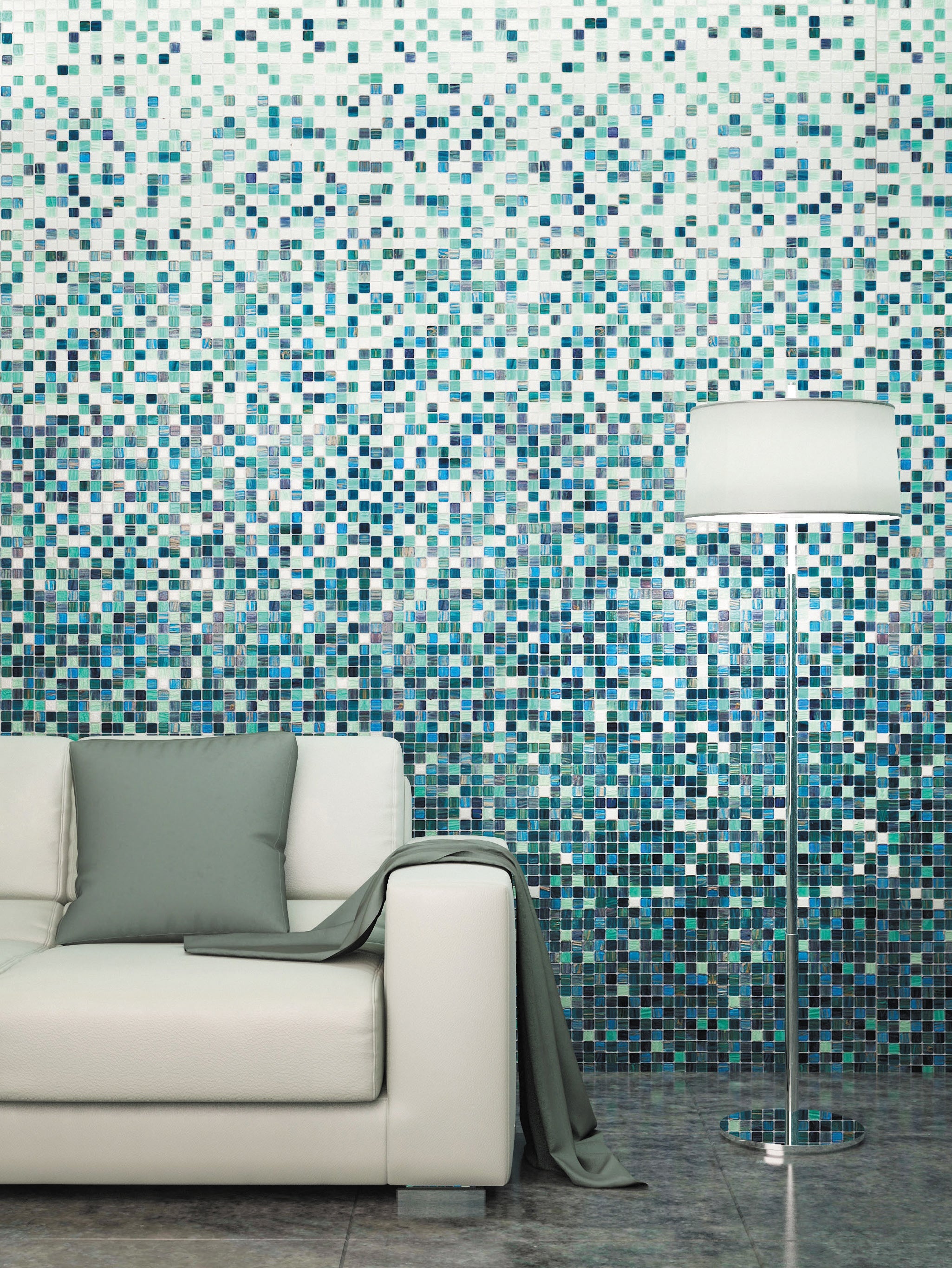 gradients glass mosaic with shades of blue and green in polished finish from surface group international.