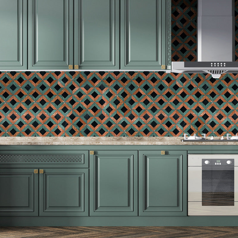 Green cabinetry, marble countertop, intricate mosaic backsplash, stainless steel appliances, dark wood flooring in kitchen.