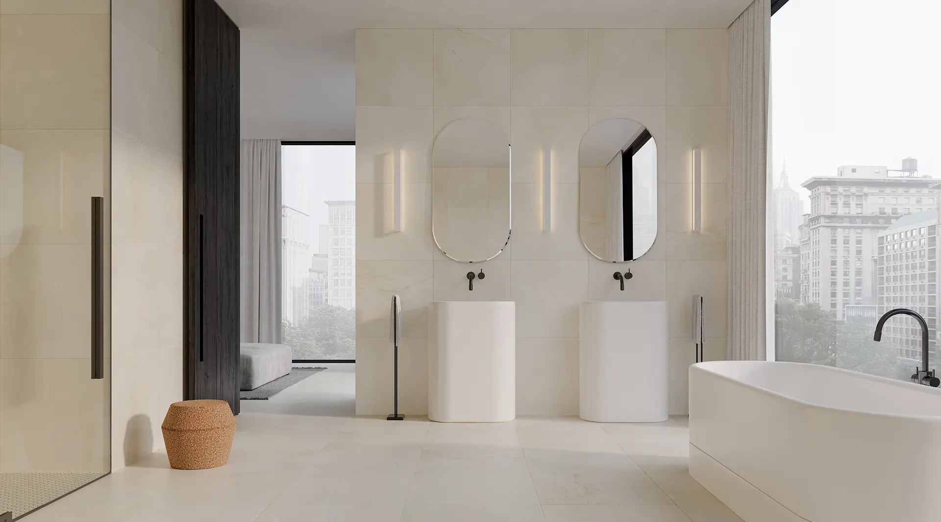 bathroom interior with floors and walls made out of avorio crema beige  light marble