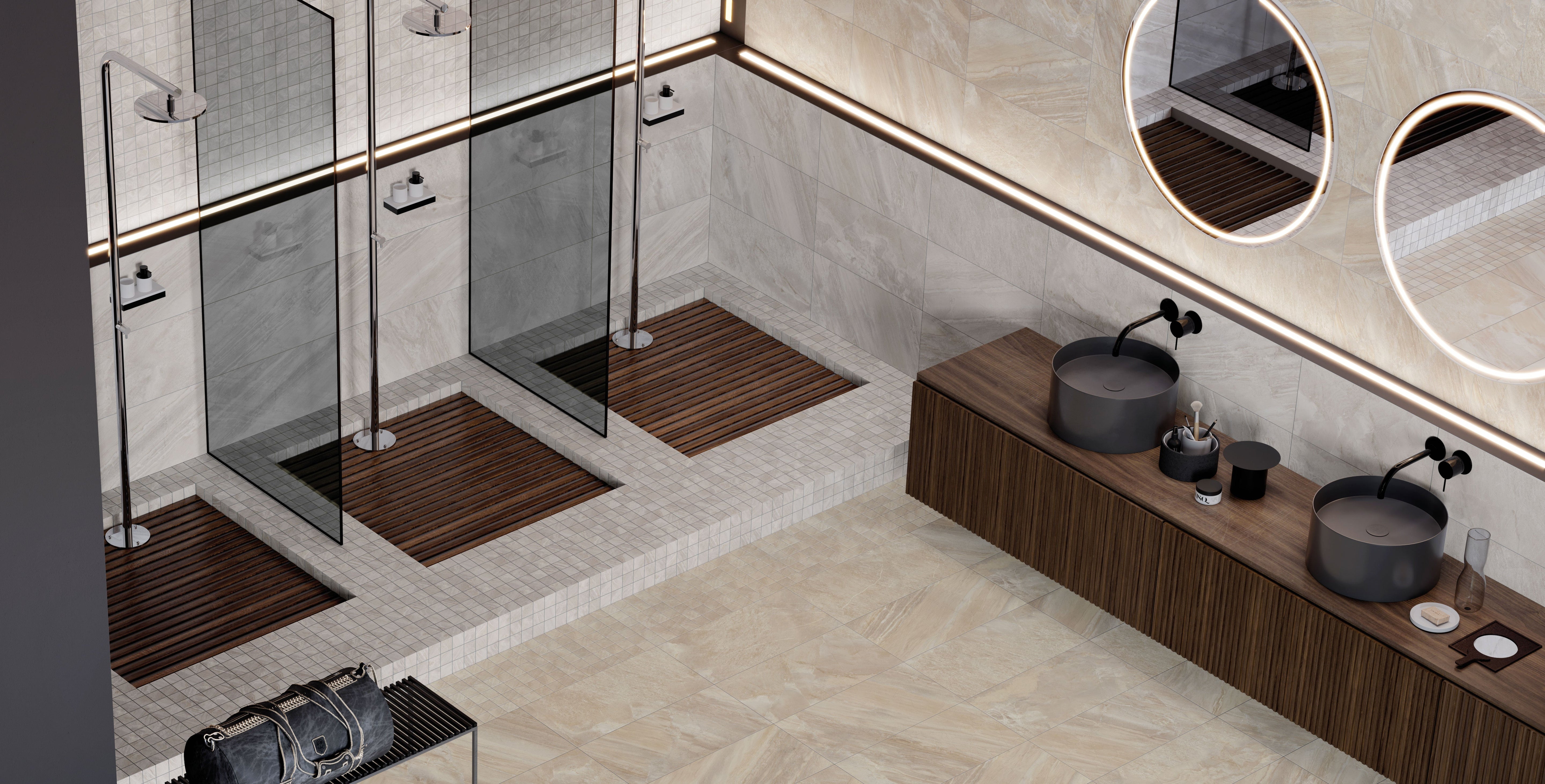Luxurious Barcelona porcelain tile collection by Surface Group featuring elegant beige marble pattern in a modern bathroom setting with sleek fixtures and wooden accents.