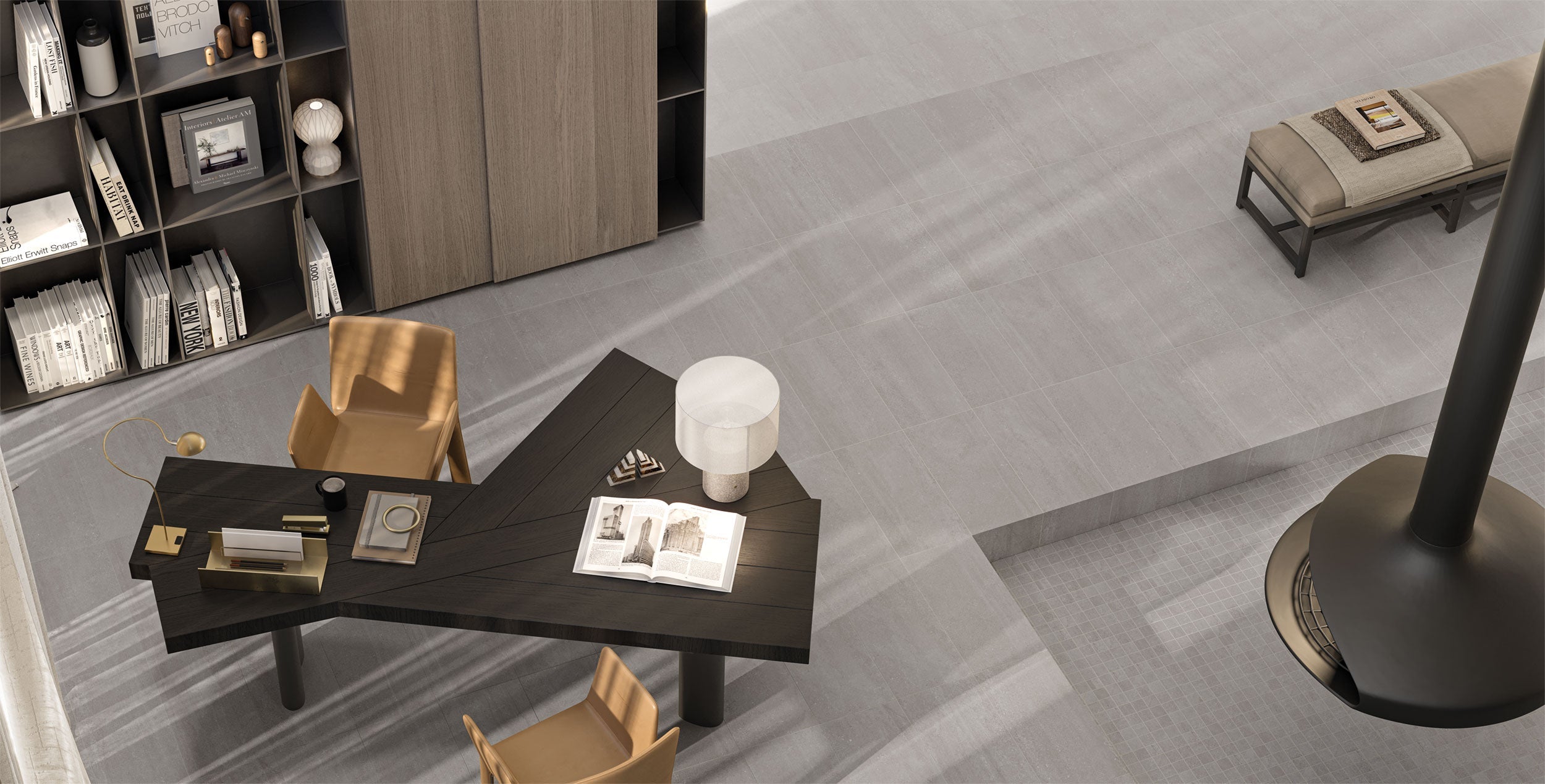 Elegant Brooklyn porcelain tile collection by Surface Group showcased in a modern living room setting with stylish furniture and decor.