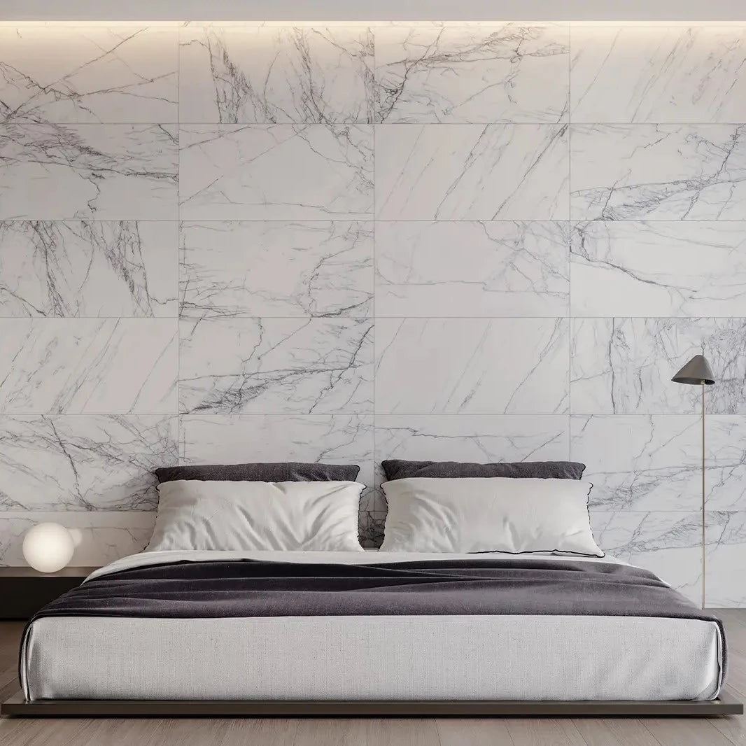 bedroom wall with marble tile white background color and dark distinct veining sold by surface group