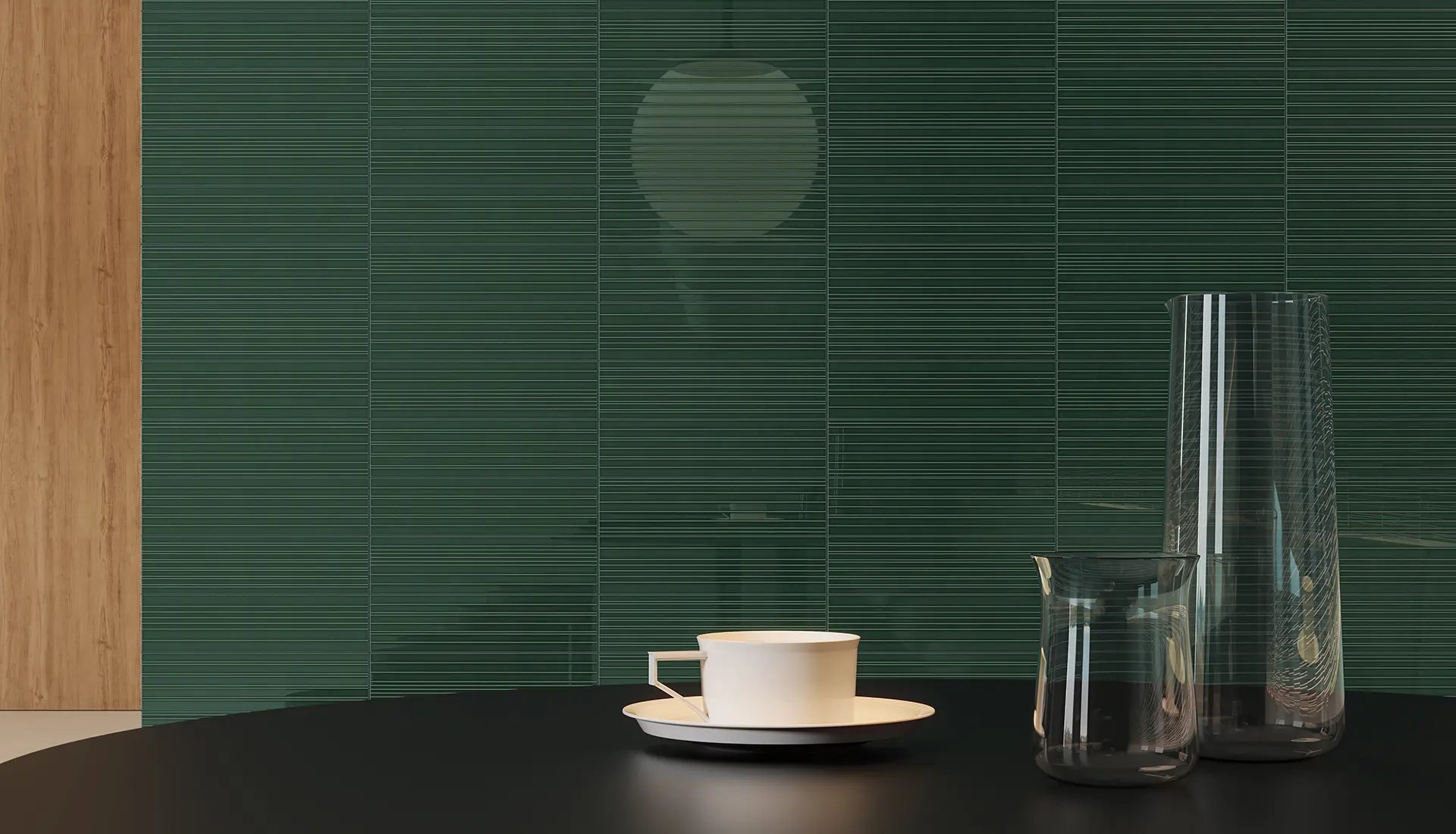Elegant kitchen wall featuring vertically stacked green ceramic tiles with a subtle linear texture, complemented by minimalist tableware and sleek glass vases, creating a modern and sophisticated ambiance.