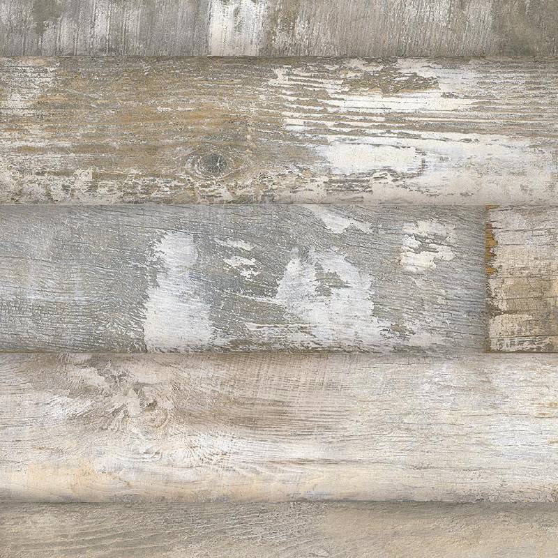 A close-up of a porcelain tile with a wood effect finish, featuring a palette of neutral tones like beige, cream, and gray with a weathered and textured appearance, resembling vintage wooden planks.