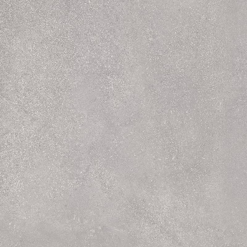 A close-up image of a porcelain tile with a concrete-like texture, in a neutral gray tone with subtle light and dark speckles creating a natural stone appearance.