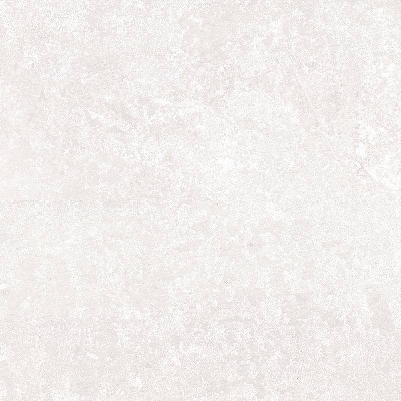 An image showing a square porcelain tile with a subtle, distressed texture resembling natural limestone, primarily in light beige with hints of white and pale gray textures.