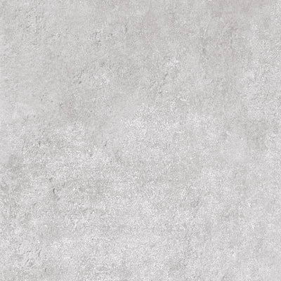A close-up view of a porcelain tile with a textured finish, combining shades of light grey with subtle white speckles, simulating the appearance of natural stone. |