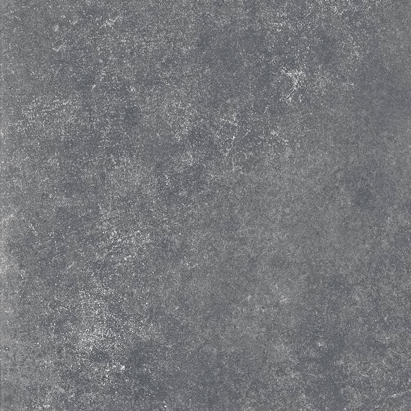 A close-up image of a porcelain tile with a textured surface resembling natural stone. The tile features a blend of mottled dark and light gray tones, giving it a realistic limestone appearance.