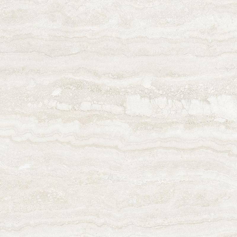 A close-up image of a porcelain tile with a travertine-like pattern featuring a soft blend of light beige and white tones with subtle gray veining. The natural stone appearance gives it a sophisticated yet neutral look ideal for various settings.