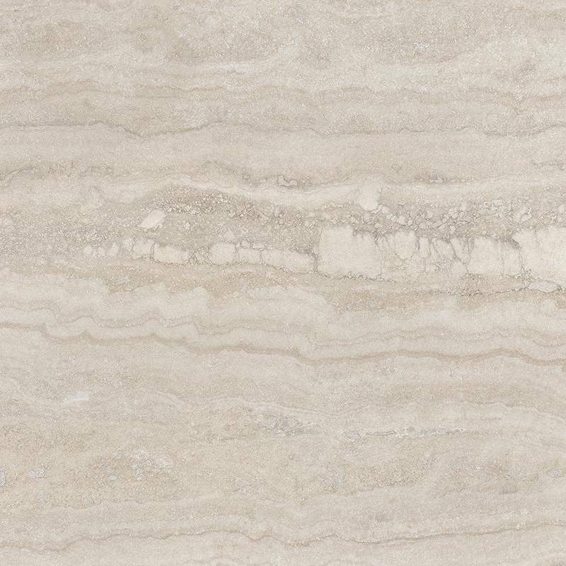 A close-up of a beige porcelain tile with a detailed and realistic travertine stone texture, featuring natural patterns and variations in shades of cream, light brown, and hints of gray.