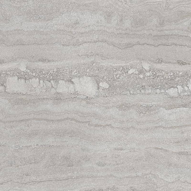 A close-up image of a porcelain tile with a travertine texture. The tile has a muted palette featuring shades of pale gray with subtle white and darker gray veins, creating a natural stone appearance.