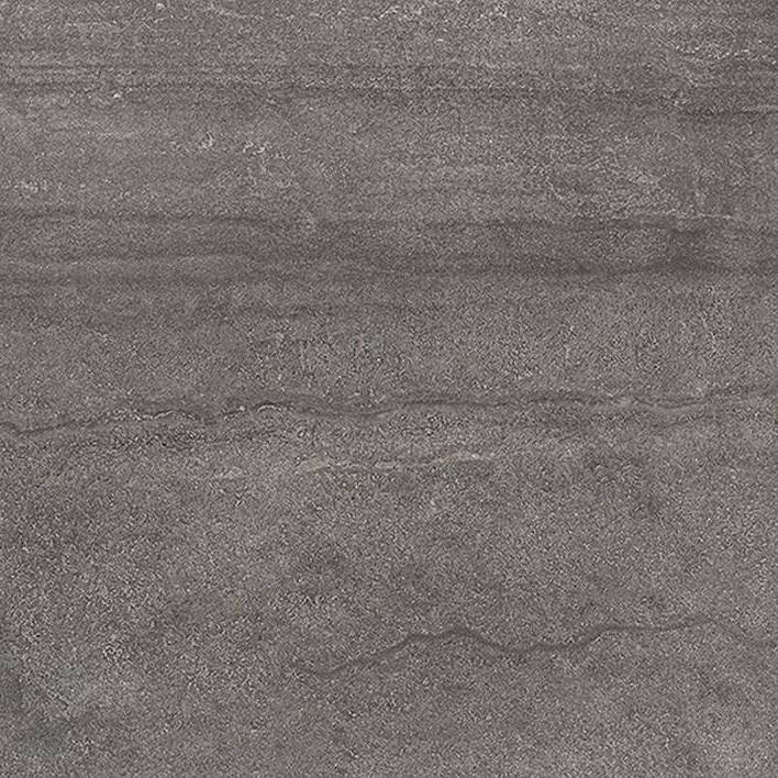 A close-up image of a porcelain tile with a textured design that mimics the natural striations found in stone. The main color is a muted grey with subtle variations of lighter and darker grey shades, creating an overall natural stone look.