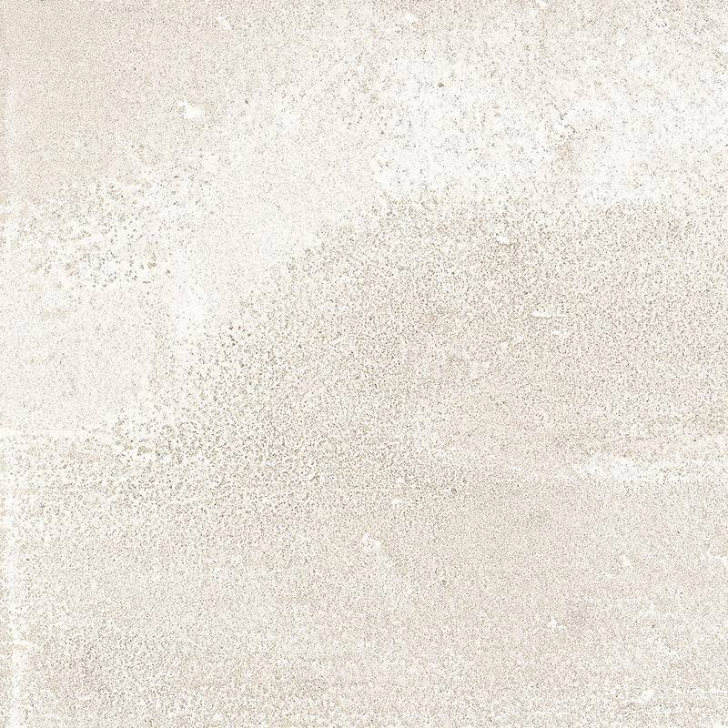 A close-up of a porcelain tile with a textured surface featuring a mottled design that combines various shades of light beige and white, with speckles and subtle hints of a tan color, reminiscent of natural stone or clay.
