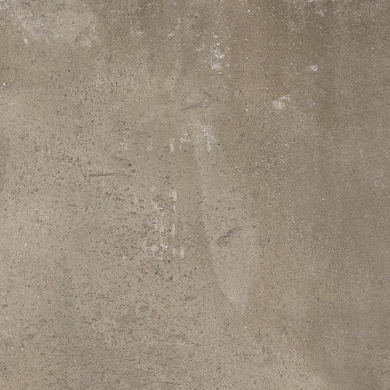 A close-up of a textured porcelain tile with a weathered surface displaying a mixture of subtle beige and gray tones, resembling a rustic clay finish.