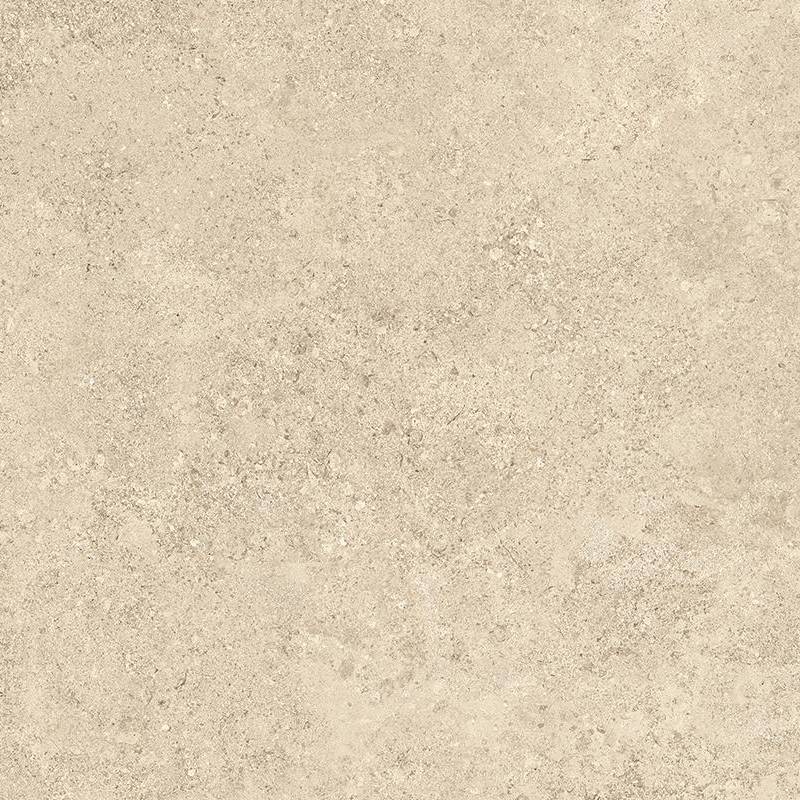 A close-up of a porcelain tile with a textured surface resembling limestone. The tile has a subtle blend of warm beige and light brown tones, with speckles and variations that emulate natural stone.