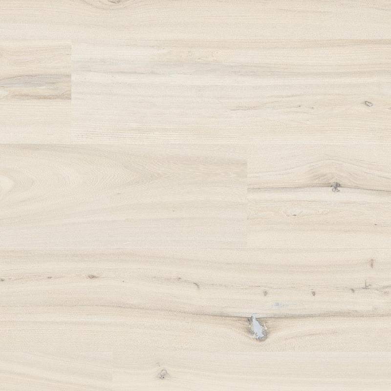 A close-up view of a porcelain tile with a realistic wood grain pattern, featuring light beige and soft gray tones that mimic the look of whitewashed wood.