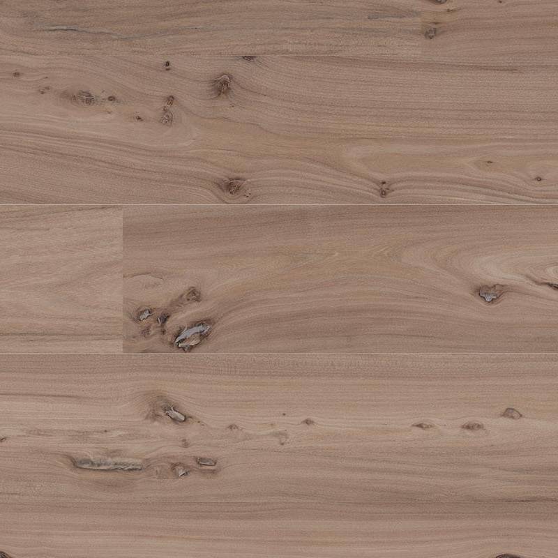 A close-up view of a porcelain tile with a wood grain design mimicking the appearance of natural wood. The tile displays a warm blend of beige and light brown tones with visible knots and grain patterns that add to its realistic wooden appearance.