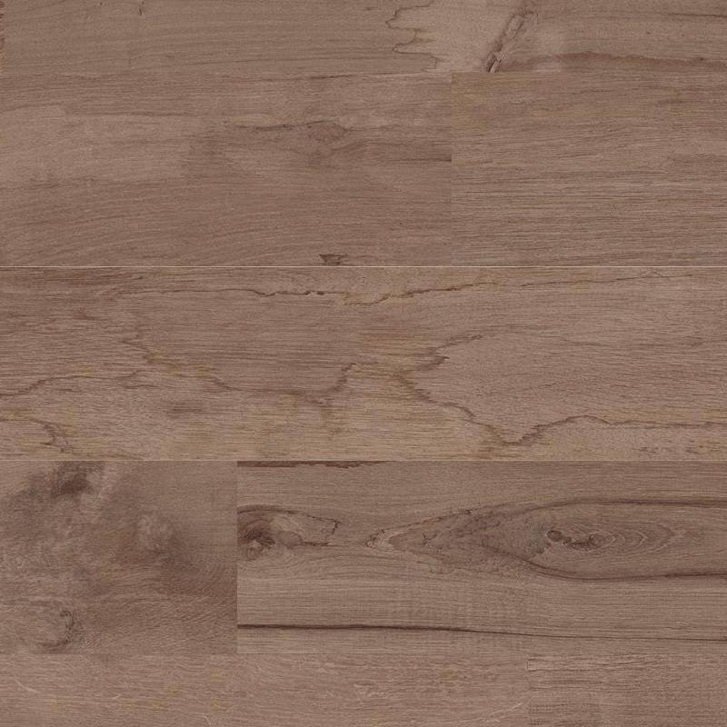 The image showcases a porcelain tile with a realistic wood grain pattern featuring hues of brown with darker streaks and knots resembling oxidized oak wood. The texture appears rich and detailed, mimicking the natural variations of real wood.