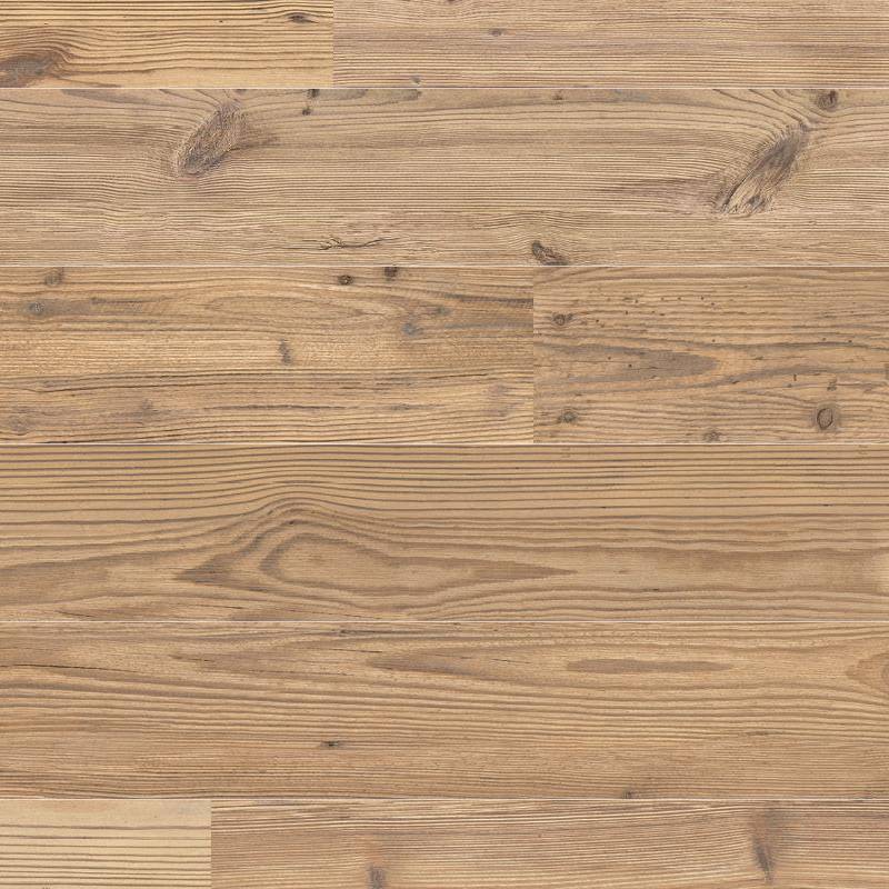 A high-resolution image of a porcelain tile with a realistic wood grain pattern, displaying a combination of light and medium brown tones with visible knots and natural streaks, emulating the texture and appearance of larch wood flooring.