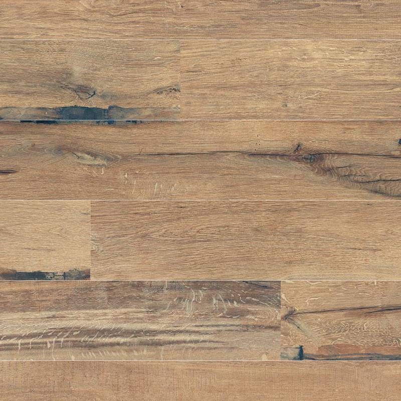 A detailed image of a porcelain tile that imitates the texture and look of natural wooden planks in various shades of warm brown, with visible wood grains and knots.