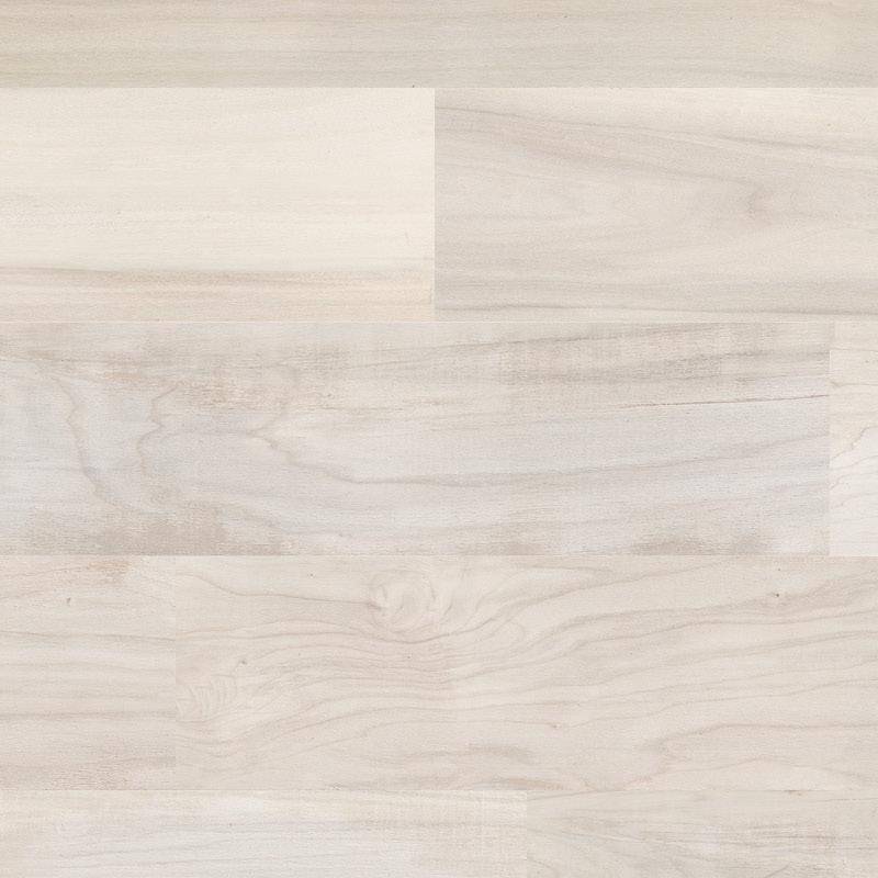 A close-up view of a porcelain tile designed to imitate the appearance of wood with varied grain patterns and a light color palette featuring soft whites and subtle beige tones.