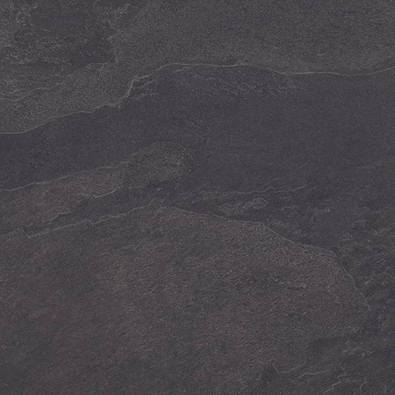 A close-up image of a dark-toned porcelain tile with a subtle textured pattern that resembles natural stone. The tile has variations of dark shades, blending black and deep grays, with a matte finish that gives it an earthy and natural look. |