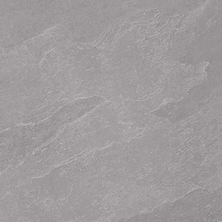 A close-up of a gray porcelain tile with subtle stone-like textures and veins for a natural stone appearance.
