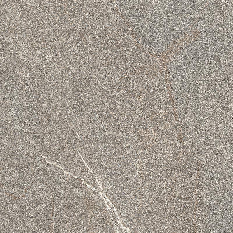 Close-up of a textured porcelain tile with a subtle stone effect, featuring a mix of light and dark gray shades with faint white veining throughout.