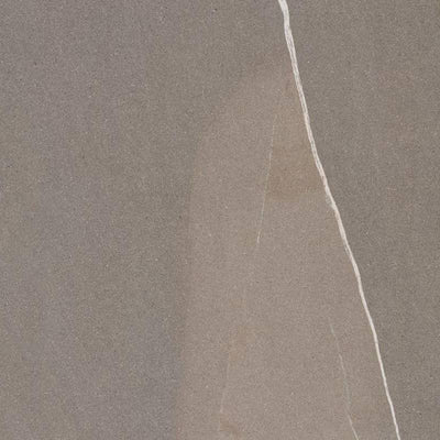 A close-up image of a matte porcelain tile with a smooth surface texture. The tile exhibits subtle variations in shading with a predominant warm grey color and features a few faint veins of a lighter hue, mimicking the appearance of natural stone.
