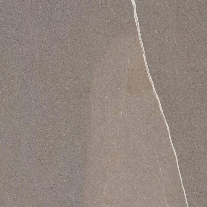 A close-up image of a matte porcelain tile with a smooth surface texture. The tile exhibits subtle variations in shading with a predominant warm grey color and features a few faint veins of a lighter hue, mimicking the appearance of natural stone.
