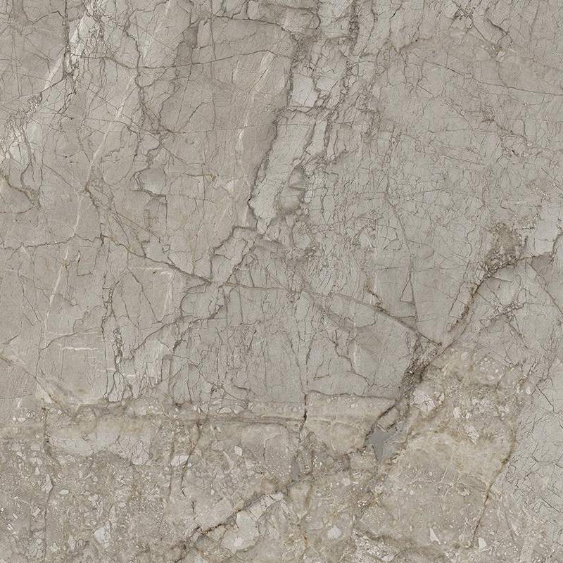 Close-up view of a square porcelain tile with a detailed marble effect, exhibiting a network of intricate grey veins and patterns on an off-white base with occasional hints of beige and tan, resembling natural stone.