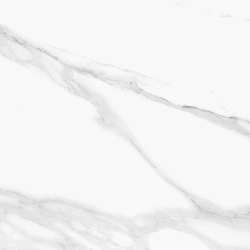A close-up view of a porcelain tile with a glossy finish, designed to replicate the appearance of white marble. It features a predominately white background with delicate gray veining throughout.